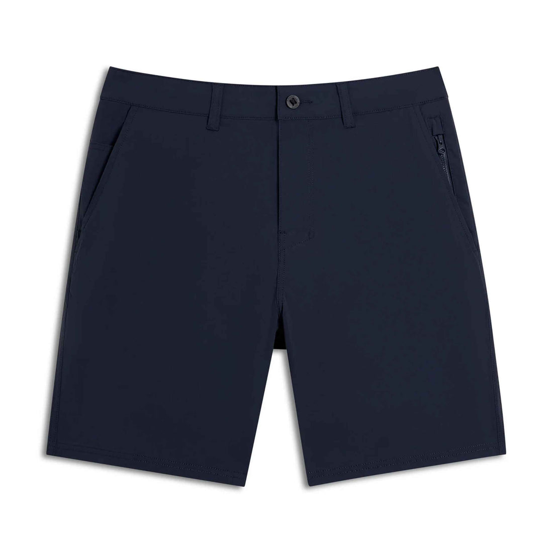 A pair of dark navy blue athletic shorts with a zippered side pocket, laid flat against a white background.