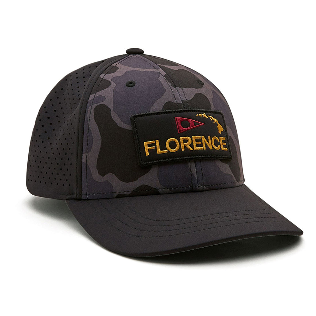 Florence Marine X camo Airtex trucker cap in black with breathable panels and adjustable snap closure, available at Freeride Surf & Skate NZ.