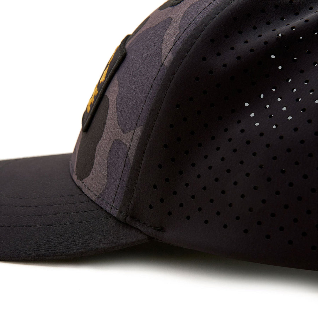 Florence Marine X camo Airtex trucker cap in black with breathable panels and adjustable snap closure, available at Freeride Surf & Skate NZ.