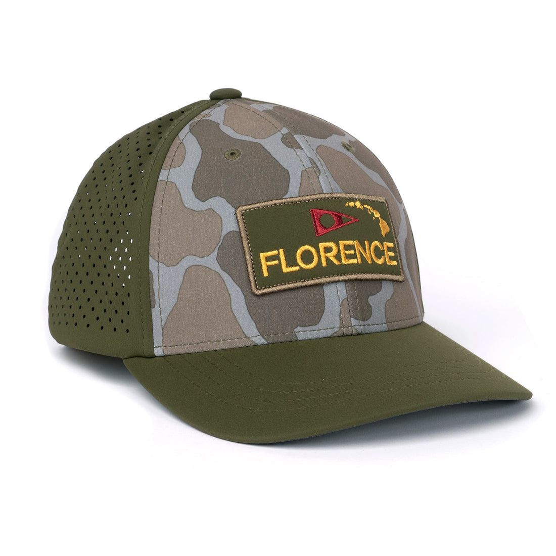 Florence Marine X Camo Airtex trucker cap in burnt olive with breathable panels and water-repellent front, available at Freeride Surf & Skate NZ.