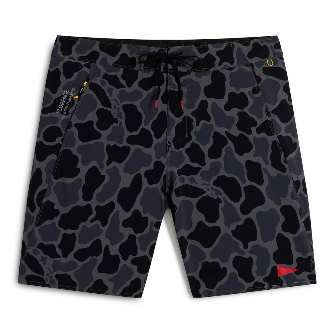 Florence Marine X Cordura Airtex boardshorts in black camo with breathable side panels and durable construction, available at Freeride Surf & Skate NZ.