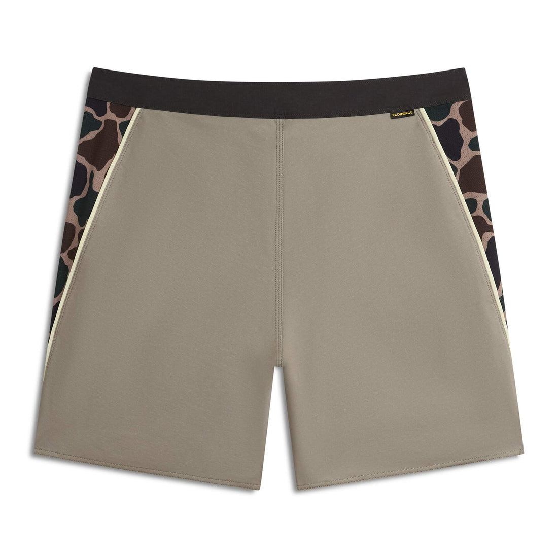 Back view of Florence F1 Airtex Gamma Boardshort Taupe showing 4-way stretch and reflective burgee logo, NZ.