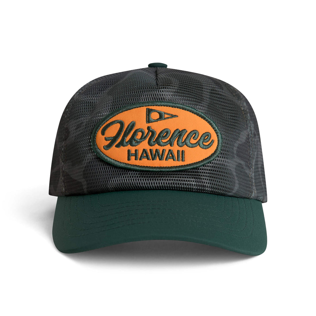 Shop Florence Marine X Hawaii Mesh Trucker Cap Burnt Olive Camo. Breathable double mesh crown and performance sweatband. Fast NZ shipping, Freeride NZ.