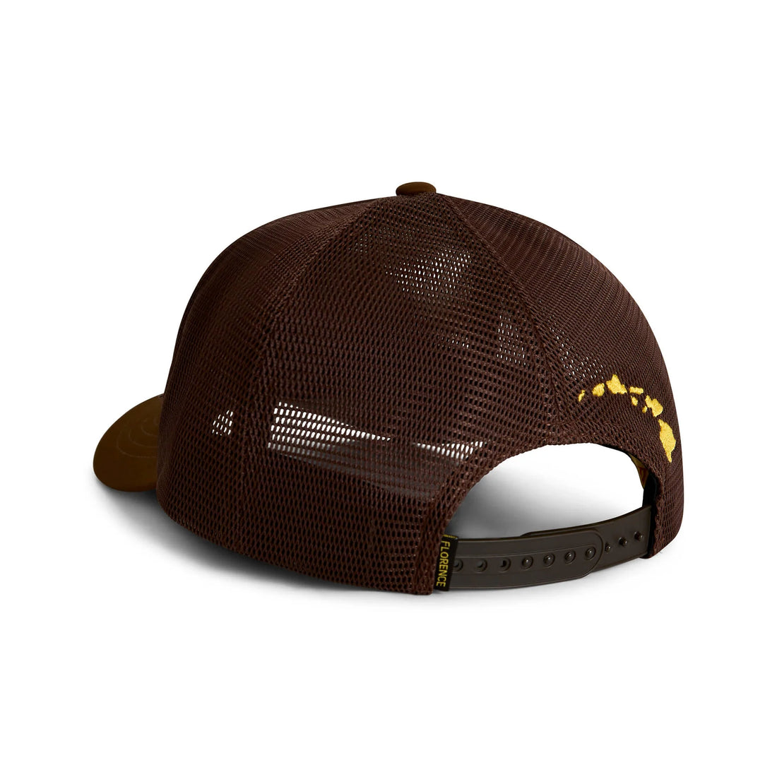 A dark brown trucker cap shown from a three-quarters back view, featuring a brown mesh back, a solid brown visor, and a small yellow graphic of the Hawaiian islands on the side.