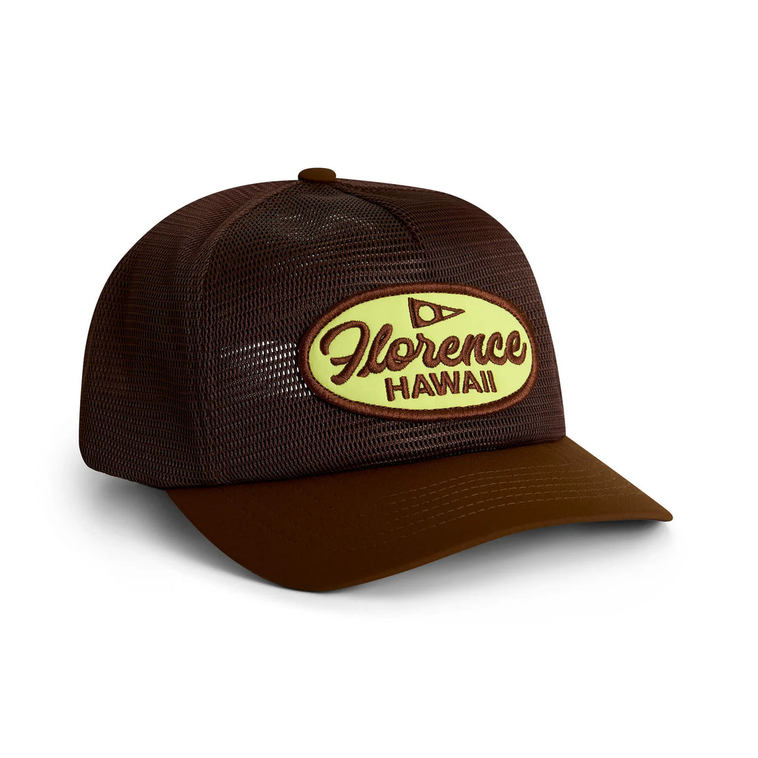 Florence Marine X Hawaii Mesh Trucker Cap in Dark Brown with double mesh crown and embroidered Florence patch.