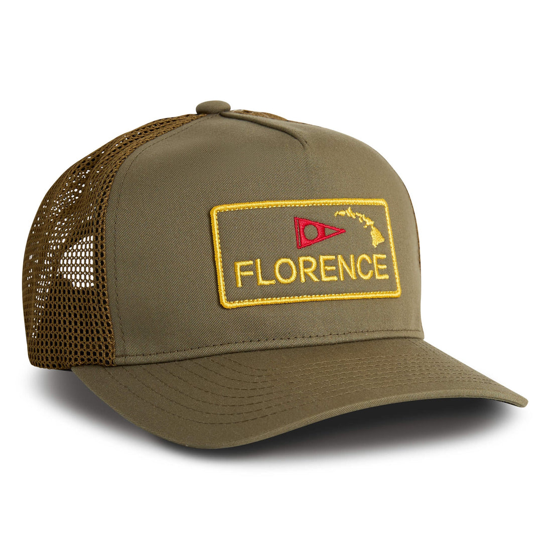 Florence Marine X Island Trucker Cap in Burnt Olive with mesh back and embroidered burgee logo, available at Freeride Surf & Skate NZ.