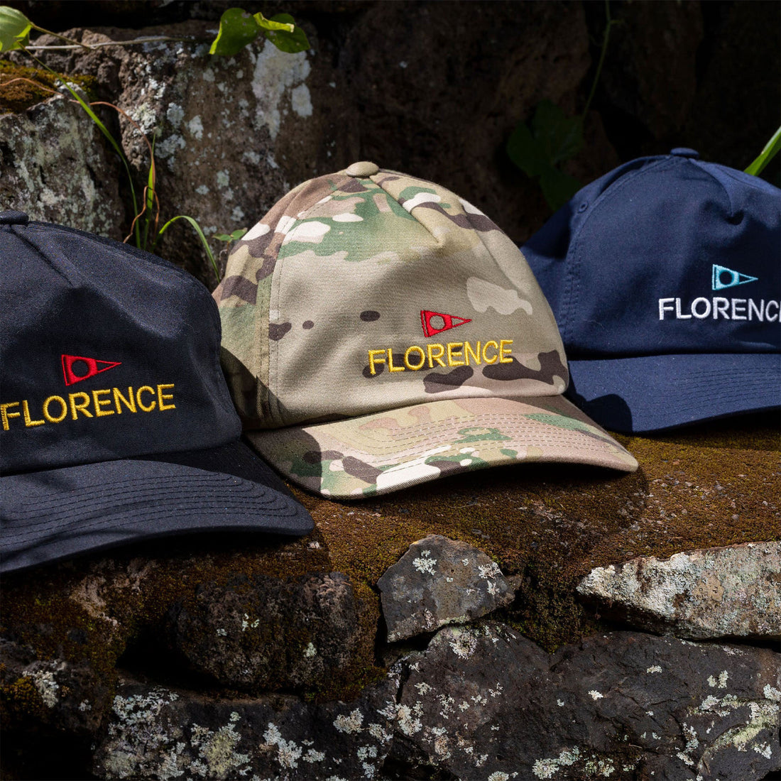 Florence Marine X logo twill cap in multi camo with embroidered logo and adjustable snap closure, available at Freeride Surf & Skate NZ.