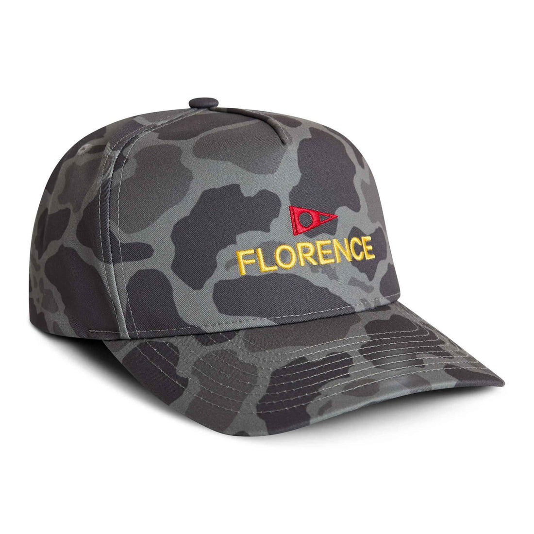A structured baseball cap with a dark gray and black camouflage pattern, featuring 'FLORENCE' embroidered in yellow on the front with a small red flag logo above it, set against a plain white background.
