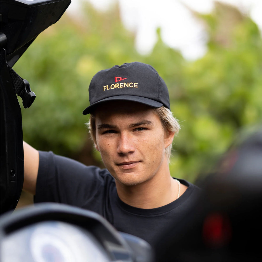 Florence Marine X logo twill hat in black with embroidered logo and adjustable snap closure, available at Freeride Surf & Skate NZ.