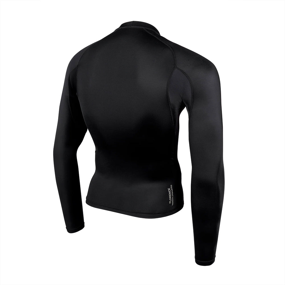 Florence Marine X long sleeve crew rash guard in black with UPF 50+ sun protection, available at Freeride Surf & Skate NZ.