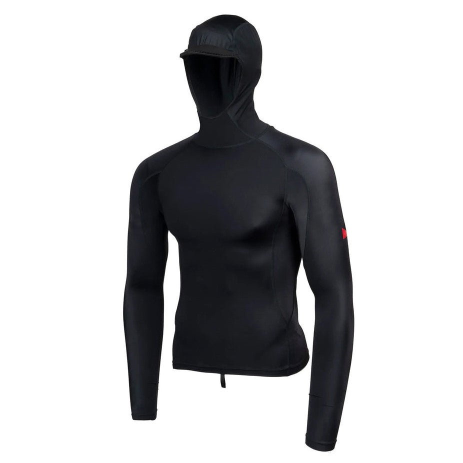 Florence Marine X Hooded Rash Guard Black — eco-friendly long sleeve surf rash guard with compression fit and sun-shielding hood, shop Freeride Surf & Skate NZ.
