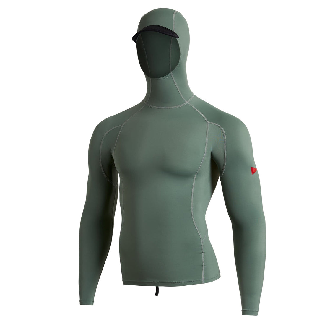 Florence Standard Issue Long Sleeve Hooded Rash Guard Dark Sage — premium eco surf rash guard with UPF 50+ protection, hooded design, and recycled fabric, red JJF Flag