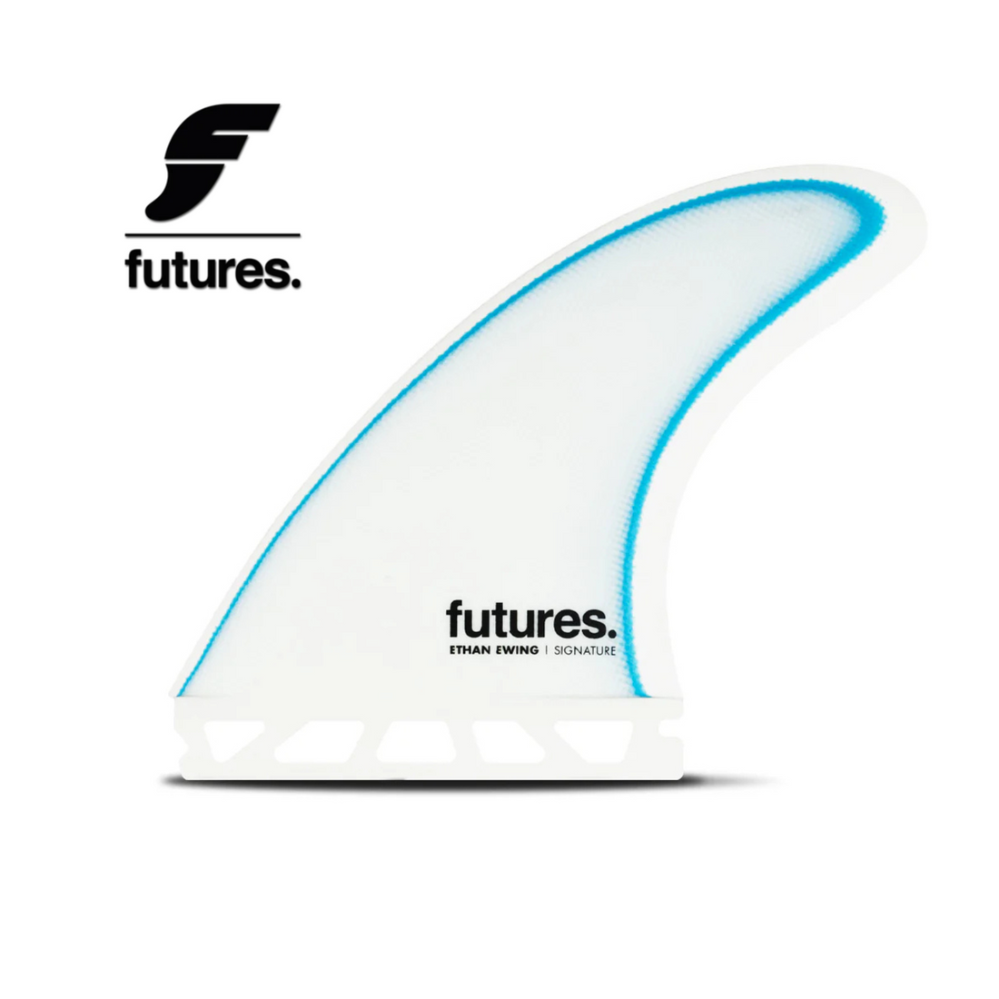 Surf fin with blue rim and 'futures.' branding on a white background