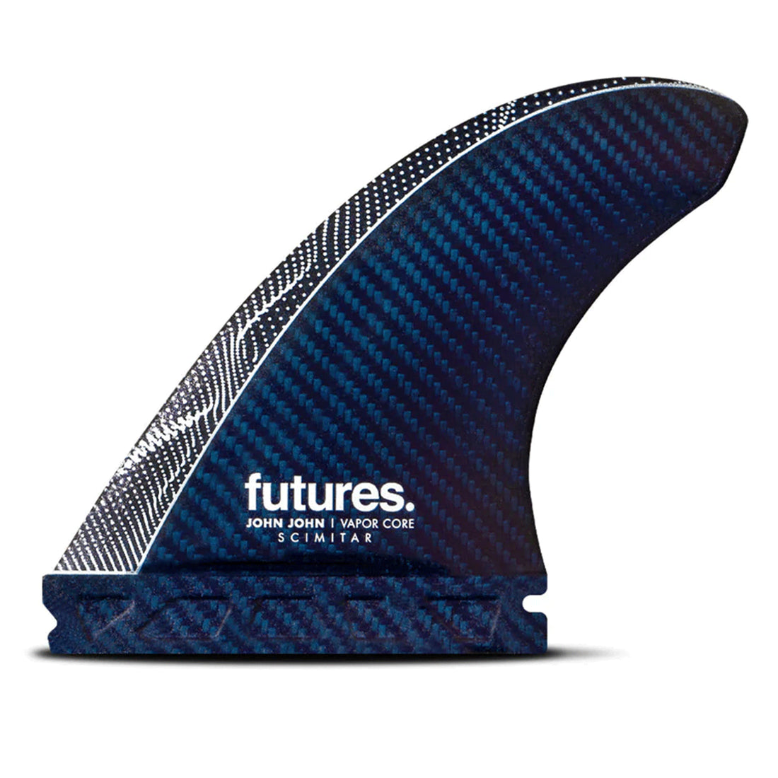 Futures John John Vapor Core Scimitar 3 Fins Thruster Set . The John John Scimitar thruster is designed for performance surfing in small waves. These fins feature a full Vector foil, helping enhance lift and generate speed. The Scimitar Tip is represented by the cut-off portion of the fin, tailoring the grip characteristics. 