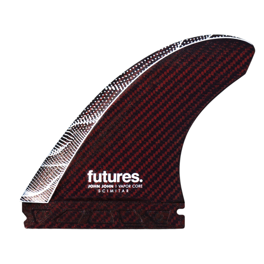 Futures John John Large Vapor Core Scimitar 3 Fins Thruster Set . The John John Scimitar thruster is designed for performance surfing in small waves. These fins feature a full Vector foil, helping enhance lift and generate speed. The Scimitar Tip is represented by the cut-off portion of the fin, tailoring the grip characteristics. 