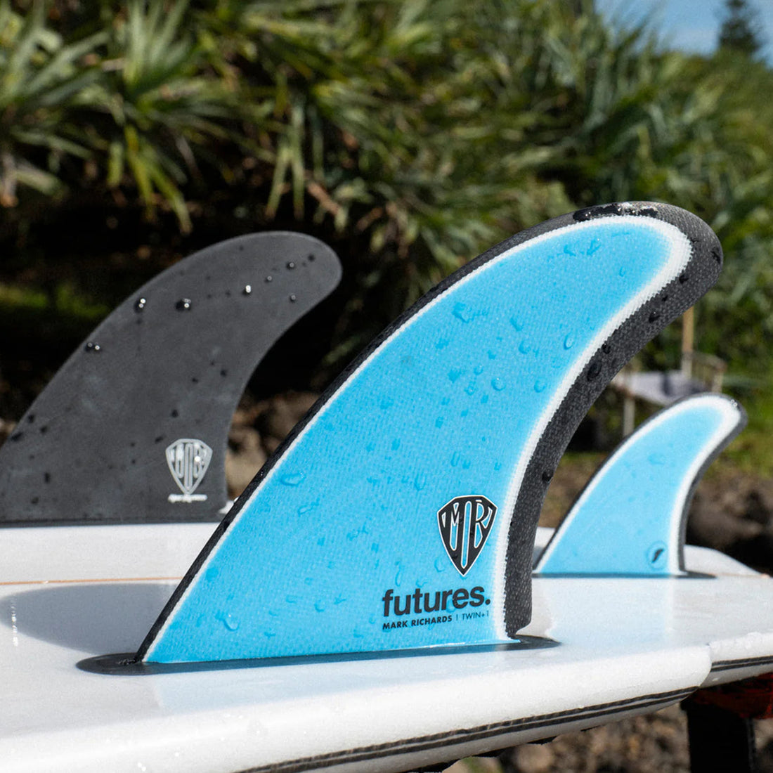 Futures Mark Richards twin fin plus trailer fiberglass surfboard fins available at Freeride Surf & Skate NZ.