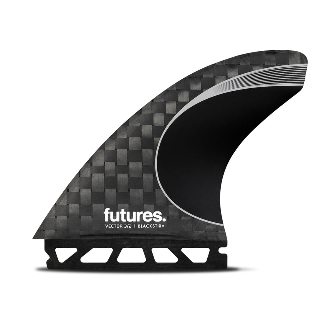 Futures Vector 3/2 Blackstix Thruster Fin Set Large — carbon Blackstix+ surf fins with Vector foil and Scimitar tip for high-speed performance and controlled drive, available at Freeride Surf & Skate NZ