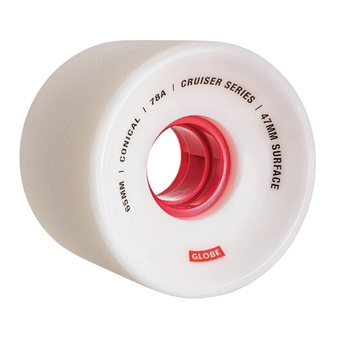 Globe Conical Cruiser Wheel 65mm in white and red — soft urethane cruiser wheels designed for smooth rolling and carving, available at Freeride Surf & Skate NZ.