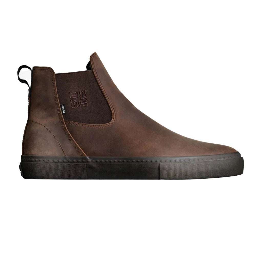 Globe Dover II slip-on shoes in Dark Brown Wasted Talent with full-grain Crazy Horse leather upper and elastic side panels.