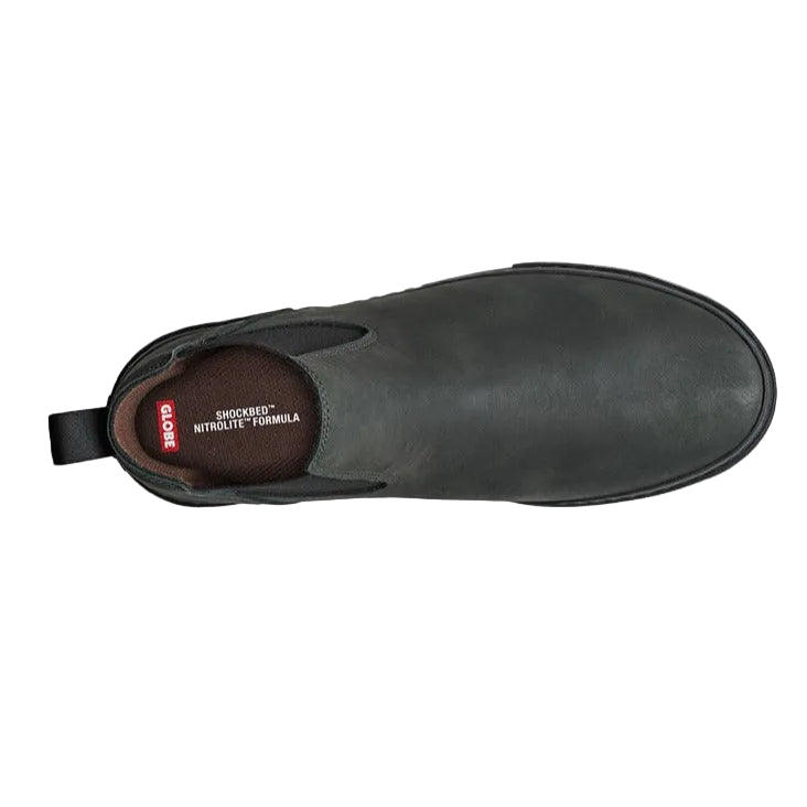 Globe Dover II slip-on shoes in Iron Black with full-grain Crazy Horse leather upper, elastic side panels and Super-V sole.