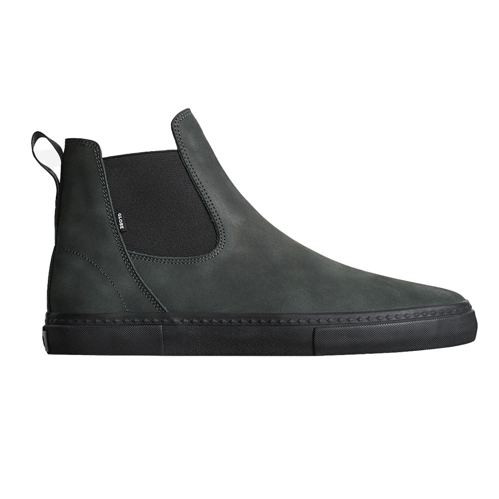 Globe Dover II slip-on shoes in Iron Black with full-grain Crazy Horse leather upper, elastic side panels and Super-V sole.