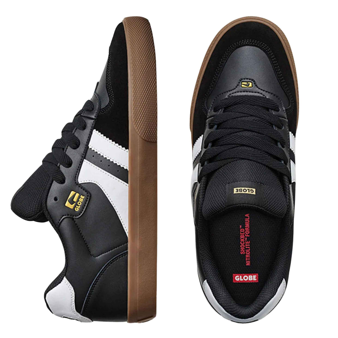 Globe Encore-2 skate shoe in Black/White/Gum with S-Trac sole, available at Freeride Surf & Skate NZ.
