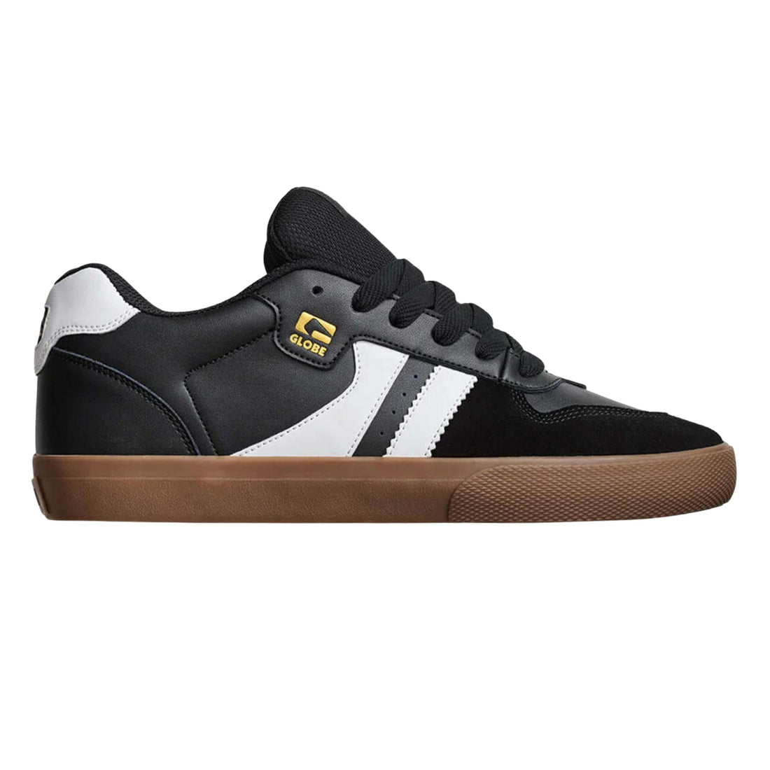 Globe Encore-2 skate shoe in Black/White/Gum with S-Trac sole, available at Freeride Surf & Skate NZ.