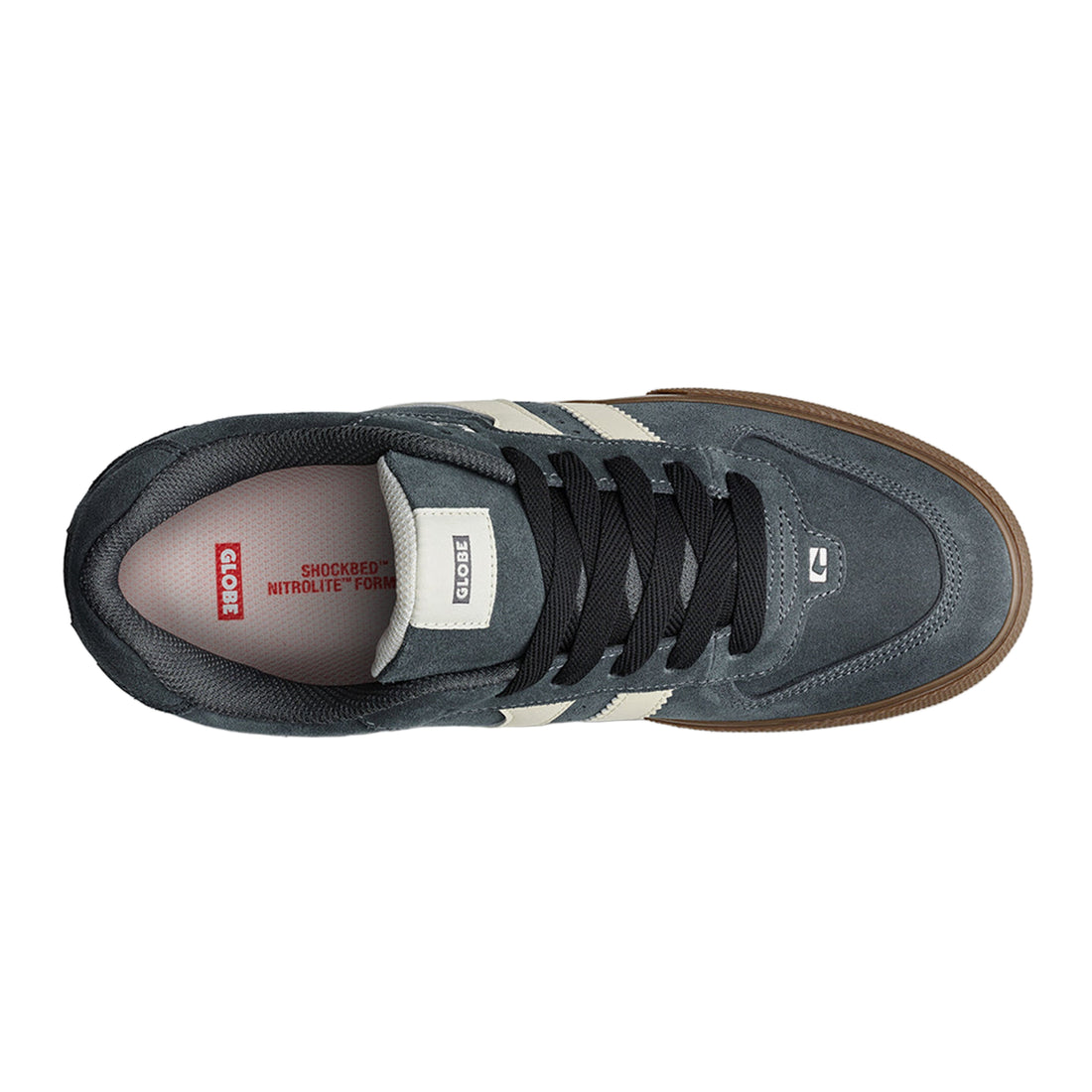 Globe Encore 2 Skate Shoes in Lead/Gum — classic vulcanised skate shoe with suede upper, Shockbed insole, and herringbone outsole gray outer gum sole