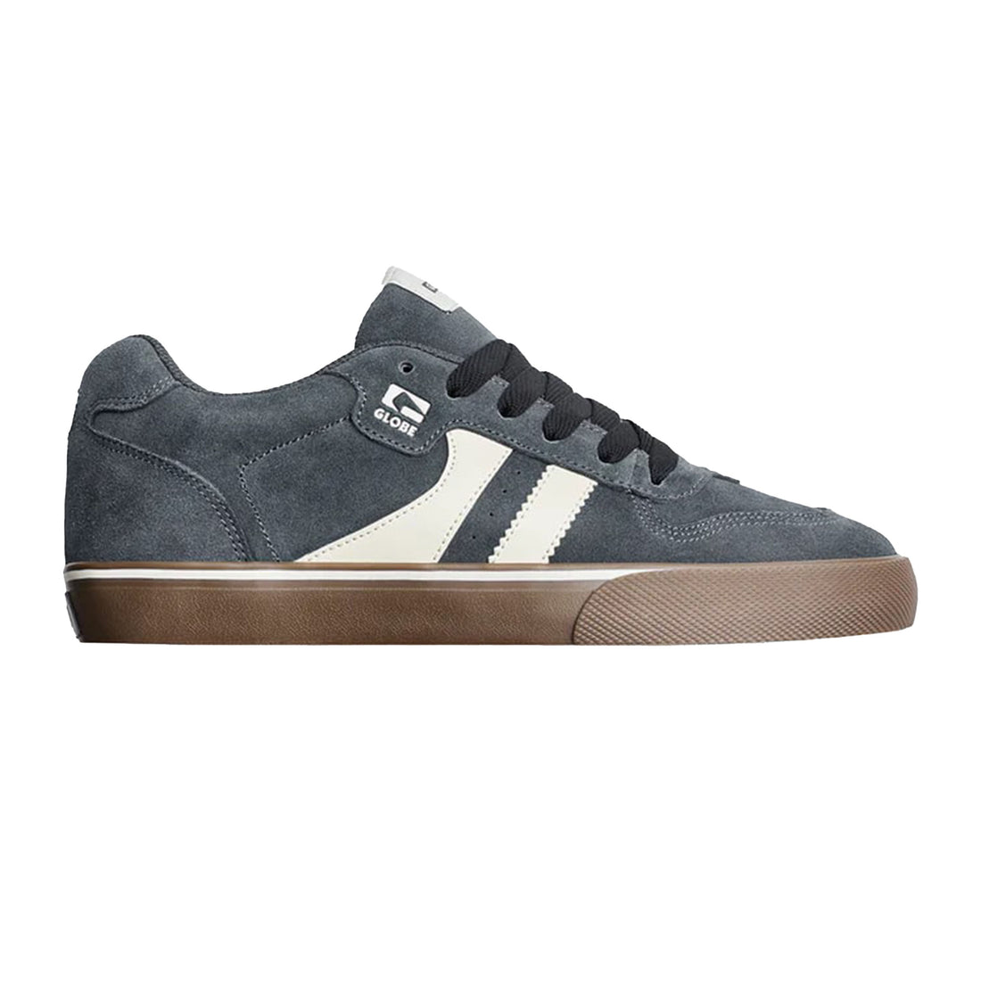 Globe Encore 2 Skate Shoes in Lead/Gum — classic vulcanised skate shoe with suede upper, Shockbed insole, and herringbone outsole grey graphite gum sole