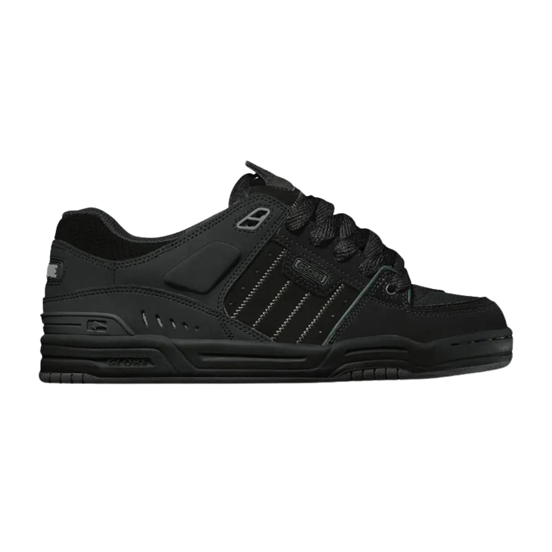 Globe Fusion black night skate shoes with padded design and S-Trac sole available at Freeride Surf & Skate NZ.