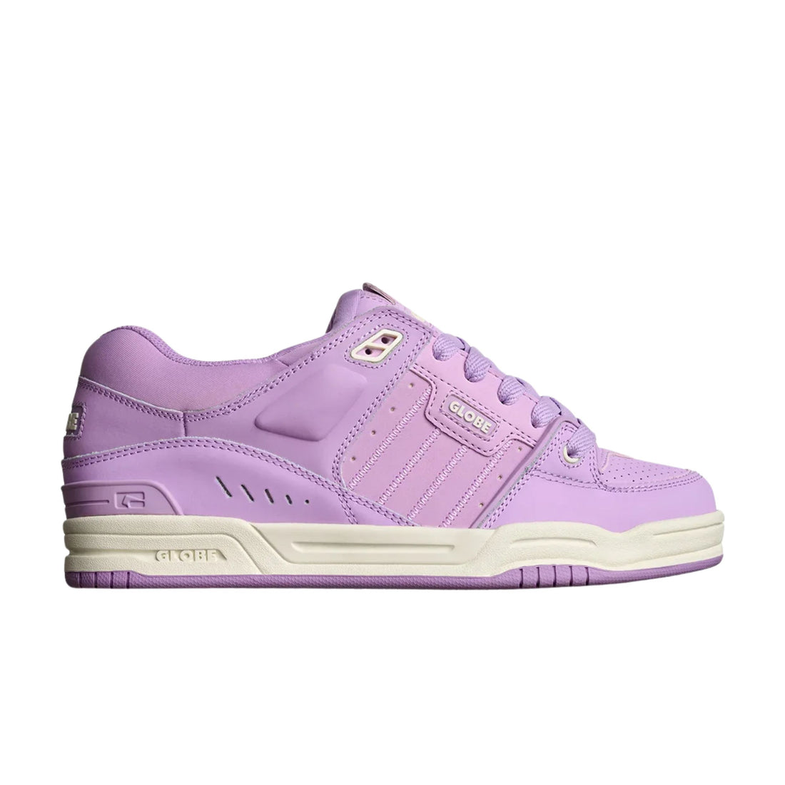 Globe Fusion skate shoes in Lilac Cream with padded leather and mesh upper, TPR ollie reinforcement and cream cupsole.