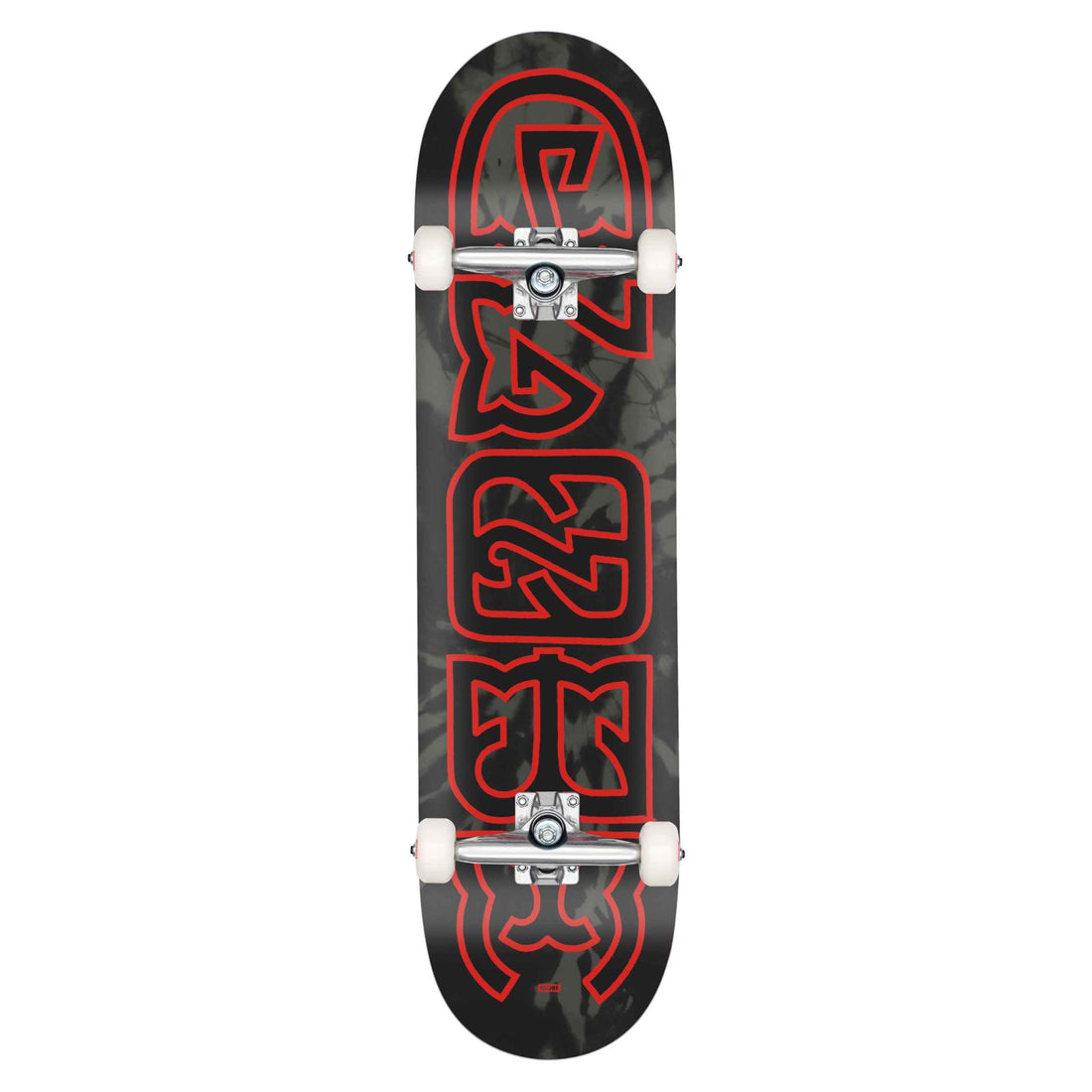 Globe G0 Heyman 8.0-inch Skateboard Complete in Black Dye Red with stylised Globe wordmark graphic, Resin-7 maple deck and Slant alloy trucks, available at Freeride Surf & Skate NZ.