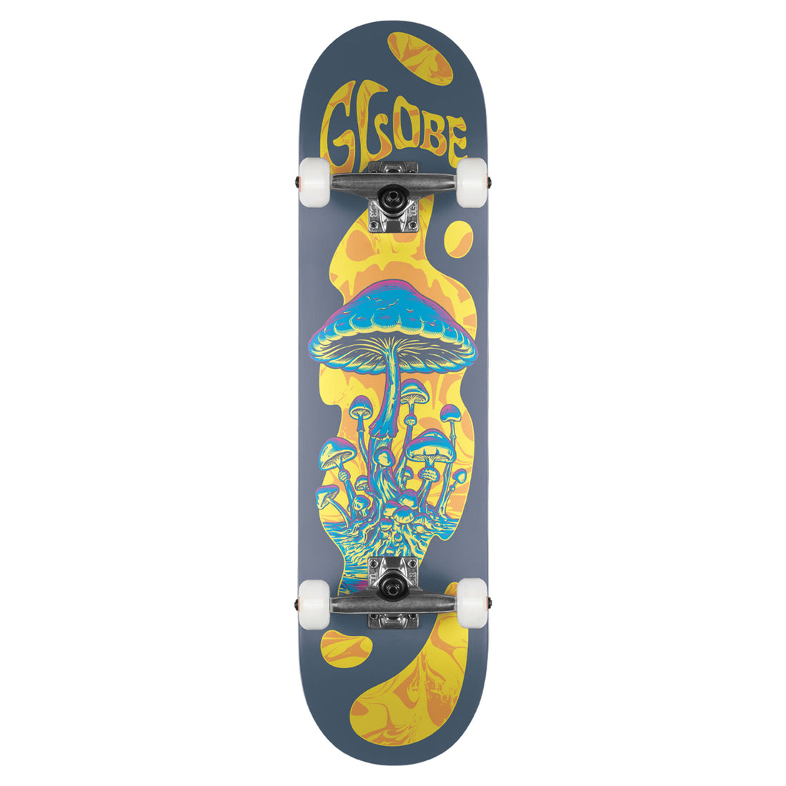 Close-up of Globe G1 Mind Expansion Ready to Ride skateboard complete Grey Neon Tensor Alloy trucks, Abec-7 bearings, and durable construction. Available at Freeride Surf & Skate NZ.