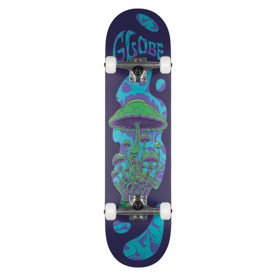 Close-up of Globe G1 Mind Expansion Ready to Ride skateboard complete Tensor Alloy trucks, Abec-7 bearings, and durable construction. Available at Freeride Surf & Skate NZ.