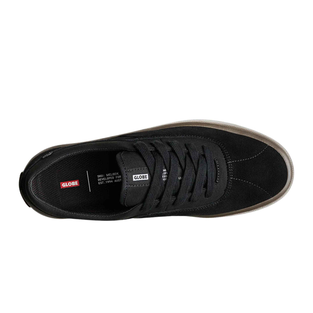 Globe Melbek Black Gum low-profile skate shoes available at Freeride Surf & Skate NZ.