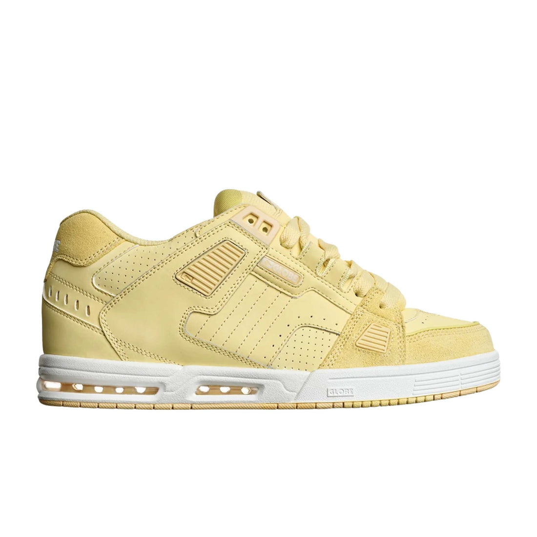 Globe Sabre skate shoes in Butter Cream with padded nubuck and suede upper, slip-on sock construction and chunky cream sole.