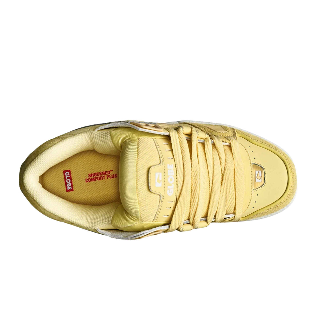 Globe Sabre skate shoes in Butter Cream with padded nubuck and suede upper, slip-on sock construction and chunky cream sole.