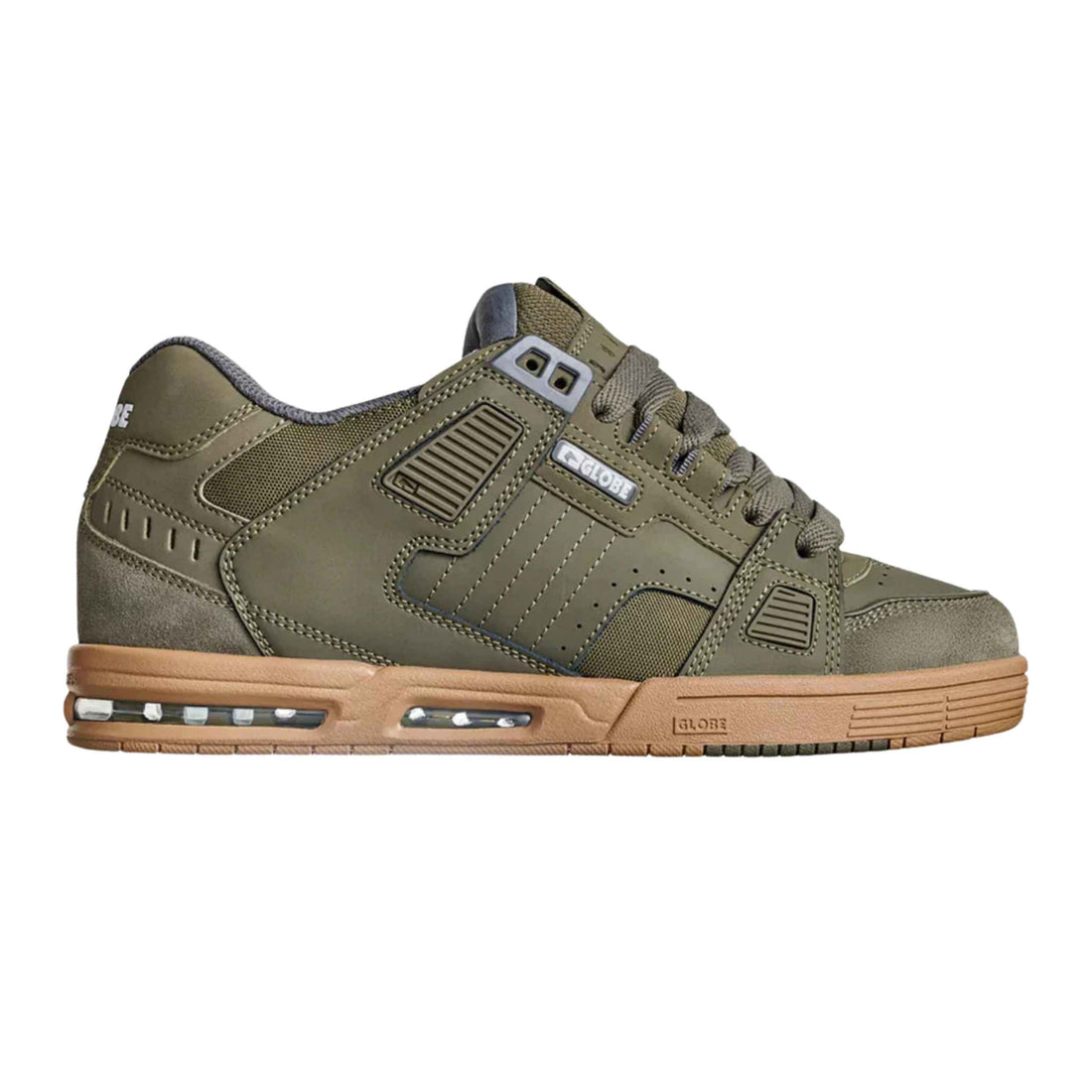 Globe Sabre skate shoes in Moss Gum with reinforced suede and synthetic upper, padded construction and contrasting gum sole.
