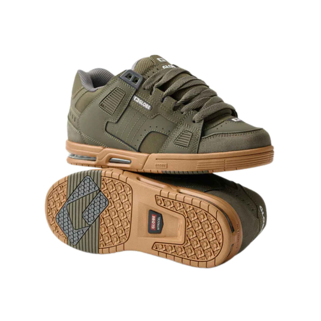 Globe Sabre skate shoes Moss Gum with airbag sole, suede upper and gum outsole grip, available at Freeride Surf & Skate NZ.