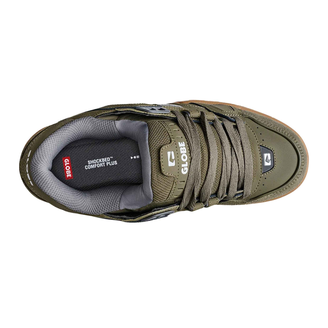Shop Globe Sabre Moss Gum skate shoes. Nitrocel airbag, triple-stitched toe, gum sole grip. Durable suede upper. Fast NZ shipping, Freeride NZ.
