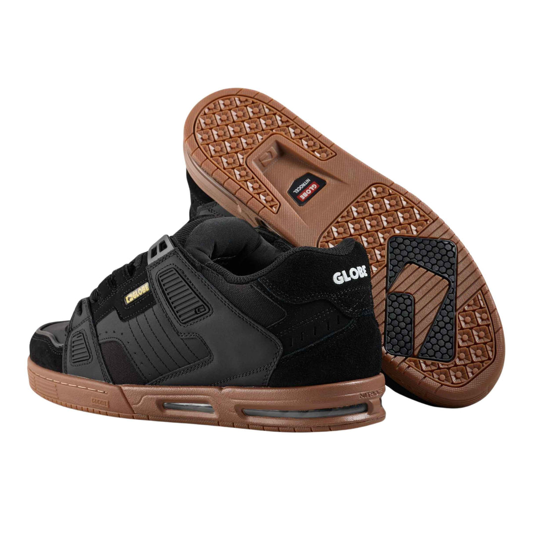 Globe Sabre skate shoes Onyx Gum with Nitrocel airbag sole and S-Trac grip, available at Freeride Surf & Skate NZ.