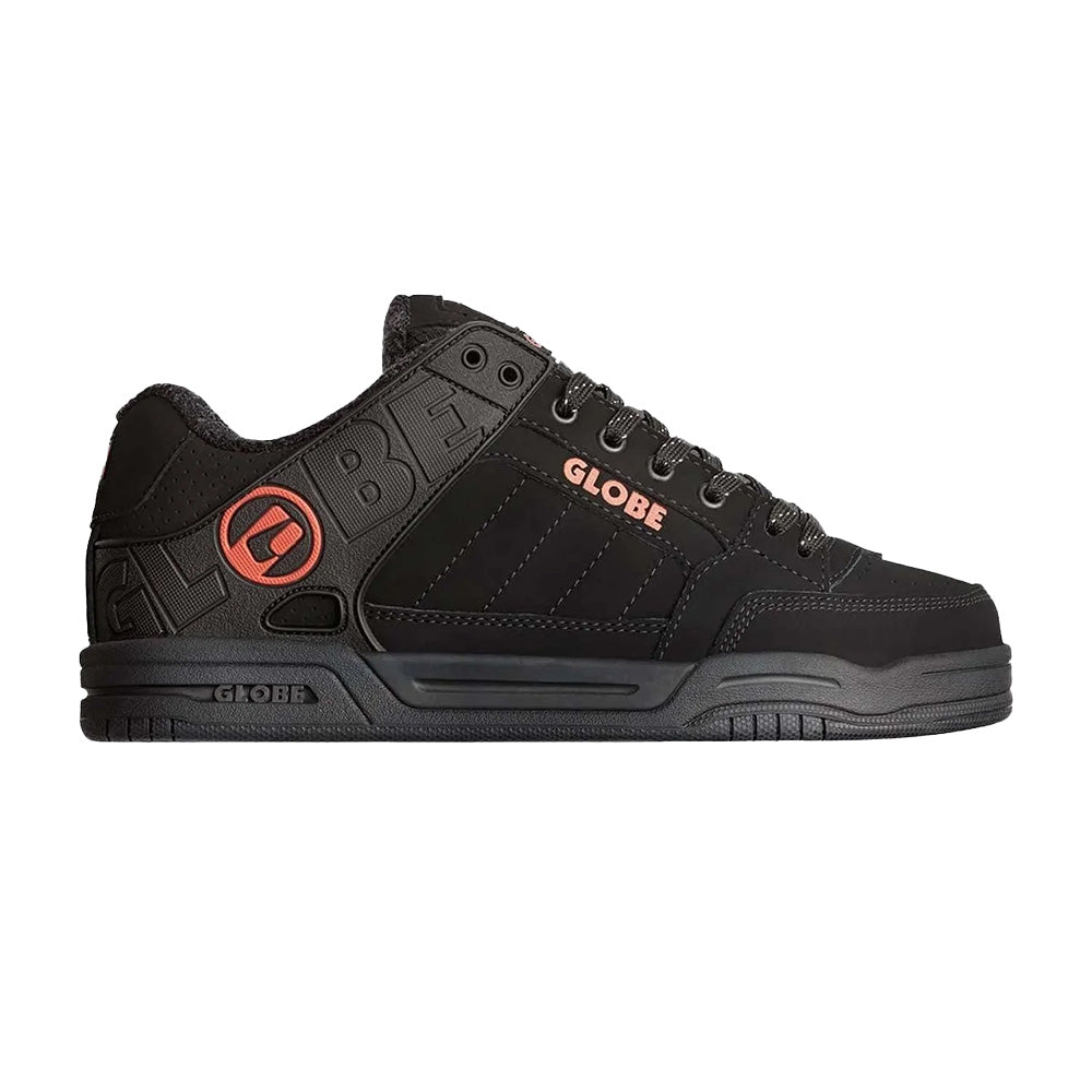 Side profile of Globe Tilt Black Black Bronze skate shoes showing ripstop mesh upper and bronze detailing