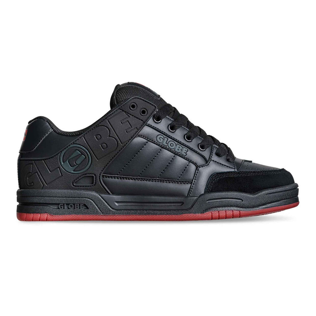 Globe Tilt skate shoes in Black Red Charcoal with action leather and synthetic nubuck upper, moulded TPR collar and chunky cupsole.