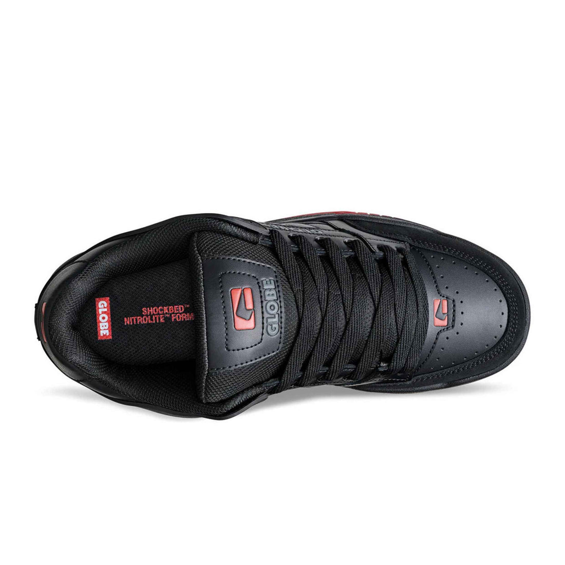 Globe Tilt skate shoes in Black Red Charcoal with action leather and synthetic nubuck upper, moulded TPR collar and chunky cupsole.