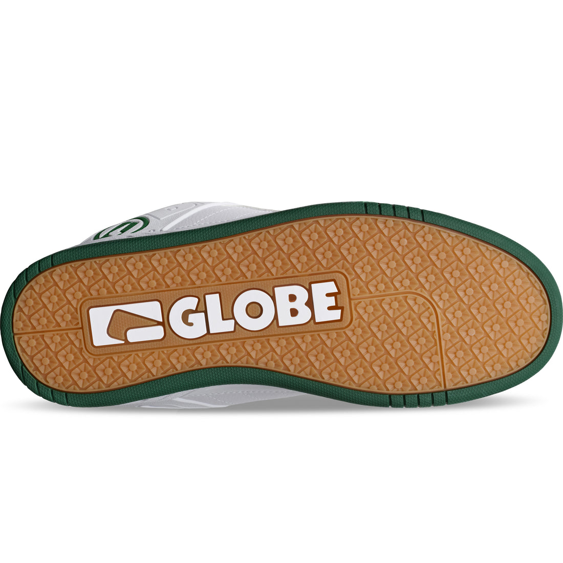 Globe shoe sole with brand logo on a white background Globe Tilt Green White skate shoes available at Freeride Surf & Skate NZ.