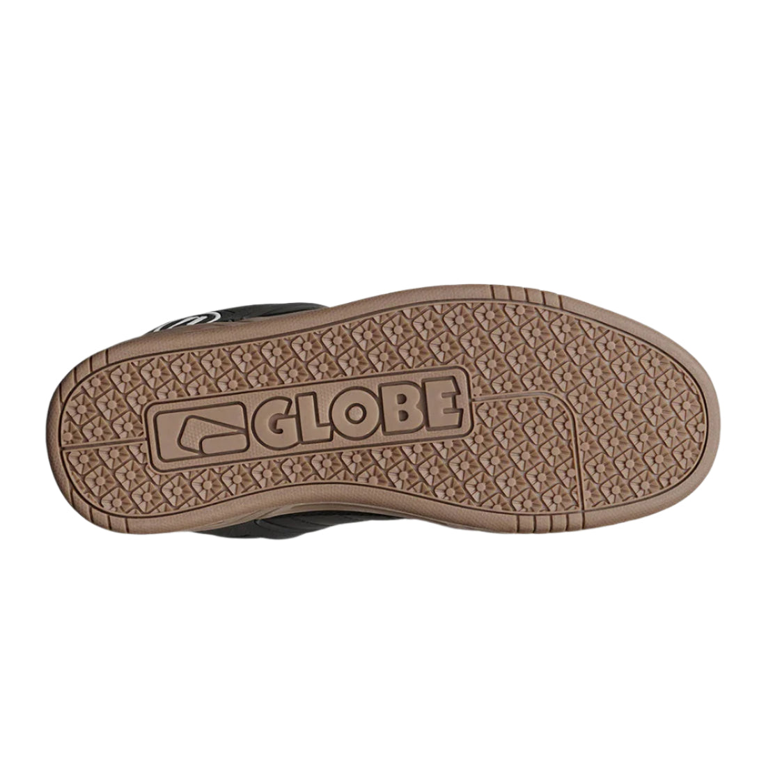 Sole view of Globe Tilt Onyx Gum skate shoes with Globe’s S-Trac sole pattern for grip