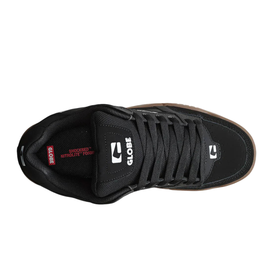 Globe Tilt skate shoes in Onyx Gum with nubuck and suede upper, moulded TPR side support and contrasting gum sole.