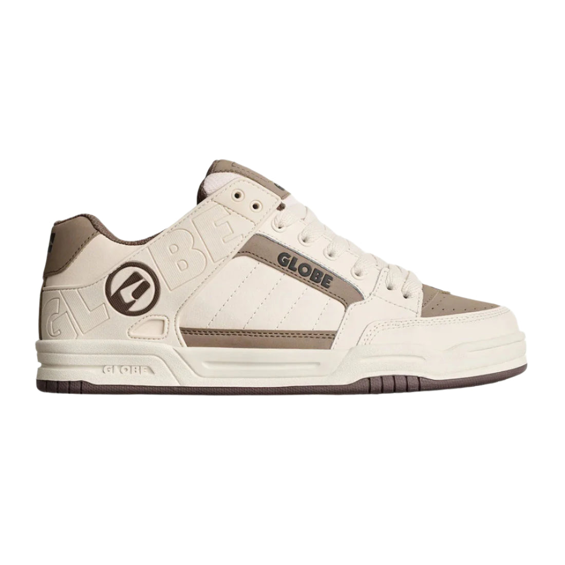 Side profile of Globe Tilt Parchment skate shoes with clean parchment upper and Globe logo