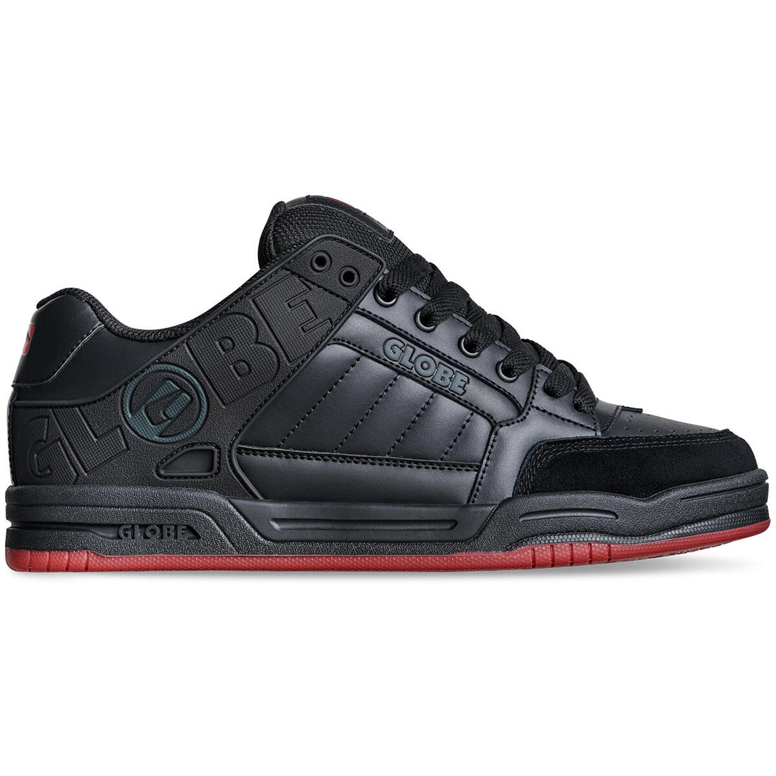 Globe Tilt skate shoes Black Red Charcoal with action leather upper and S-Trac sole grip available at Freeride Surf & Skate NZ.