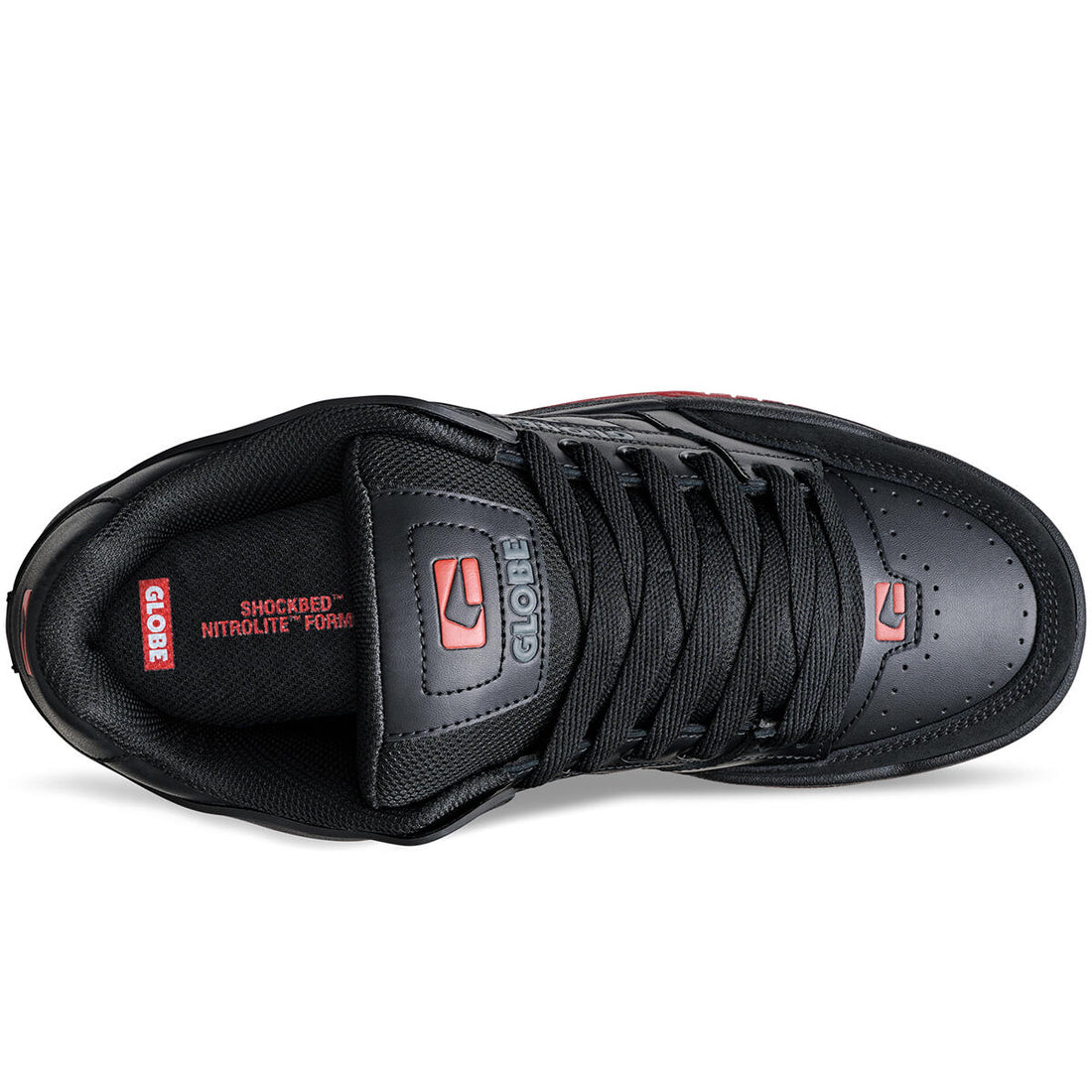 Globe Tilt skate shoes Black Red Charcoal with action leather upper and S-Trac sole grip available at Freeride Surf & Skate NZ.